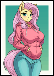 Size: 1240x1754 | Tagged: safe, artist:rekheadz, fluttershy, pegasus, anthro, big breasts, blushing, border, breasts, busty fluttershy, clothes, denim, female, gradient background, hand in pocket, hoodie, jeans, lidded eyes, mare, pants, passepartout, smiling, solo