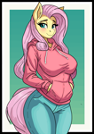 Size: 1240x1754 | Tagged: safe, artist:rekheadz, fluttershy, pegasus, anthro, g4, big breasts, blushing, border, breasts, busty fluttershy, clothes, denim, female, gradient background, hand in pocket, hoodie, jeans, lidded eyes, mare, no comments yet, pants, passepartout, smiling, solo