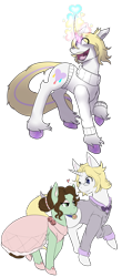 Size: 1000x2280 | Tagged: safe, artist:squeezymouse, derpibooru exclusive, oc, oc only, oc:good graces, oc:tri color, earth pony, unicorn, blonde mane, bowtie, brown mane, clothes, colored hooves, colored horn, cutie mark, description is relevant, dress, duo, duo male and female, earth pony oc, female, glasses, horn, magic, magic aura, male, mental breakdown, no pants, no shading, rainbow horn, rainbow magic aura, shiny hooves, shoes, simple background, simple shading, suit, sweater, tail, transparent background, two toned tail, unicorn oc, unusually shaped magic aura