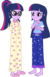 Size: 3140x4800 | Tagged: safe, artist:octosquish7260, sci-twi, twilight sparkle, human, equestria girls, g4, barefoot, clothes, feet, female, glasses, looking at each other, looking at someone, pajamas, pants, self paradox, shirt, simple background, slippers, teenager, teeth, transparent background, twolight