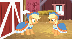 Size: 1280x707 | Tagged: safe, artist:brightstar40k, applejack, changeling, earth pony, pony, g4, barn, base used, clothes, coronation dress, disguise, disguised changeling, double, dress, duo, female, freckles, hat, impostor, mare, oh my, oh no, uh oh, worried