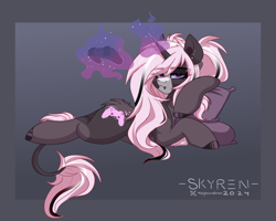 Size: 2500x2000 | Tagged: safe, artist:skyboundsiren, oc, oc:digit morose, unicorn, controller, cutie mark, female, goth, horn, looking at you, lying down, magic, piercing, pigtails, pillow, unamused