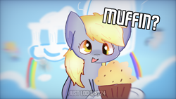 Size: 1280x720 | Tagged: safe, derpy hooves, pegasus, pony, background pony, cloudsdale, cute, food, muffin, solo focus