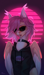 Size: 3000x5050 | Tagged: safe, artist:miurimau, oc, oc only, pegasus, pony, absurd file size, bust, candy, choker, clothes, female, food, high res, hoodie, lollipop, looking at you, mare, mouth hold, solo, sunglasses, vaporwave