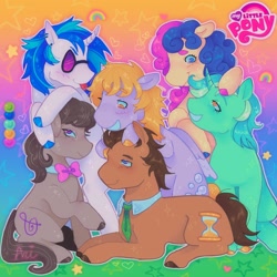 Size: 1440x1440 | Tagged: safe, artist:ariariari.png, bon bon, derpy hooves, dj pon-3, doctor whooves, lyra heartstrings, octavia melody, sweetie drops, time turner, vinyl scratch, earth pony, pegasus, pony, unicorn, g4, abstract background, background six, bowtie, gradient background, group, horn, lying down, my little pony logo, necktie, prone, sitting, smiling, sunglasses, tongue out