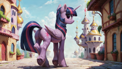Size: 3840x2176 | Tagged: safe, ai assisted, ai content, edit, generator:pony diffusion v6 xl, generator:stable diffusion, prompter:truekry, twilight sparkle, alicorn, pony, g4, butt, canterlot, dock, female, folded wings, frog (hoof), high res, hooves, horn, looking at you, looking back, mare, outdoors, plot, sfw edit, sky, solo, tail, twilight sparkle (alicorn), underhoof, wallpaper, wings