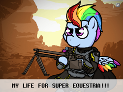 Size: 1440x1080 | Tagged: safe, artist:sluttershy, editor:arkon sell, rainbow dash, pegasus, pony, banned from equestria daily, g4, armor, female, for managed democracy, gun, helldivers, helldivers 2, machine gun, mare, solo, text, video game crossover, weapon