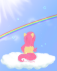 Size: 2000x2500 | Tagged: safe, artist:cutiesparke, fluttershy, pegasus, pony, g4, bubble, cloud, ear fluff, facing away, female, folded wings, looking up, on a cloud, rainbow, sitting, sitting on a cloud, sky, solo, sparkles, wings