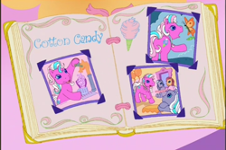 Size: 720x480 | Tagged: safe, screencap, cotton candy (g3), razzaroo, sparkleworks, wysteria, butterfly, earth pony, pony, a charming birthday, g3, balloon, birthday book, faucet, female, mare, open mouth, open smile, picture, ponyville surprise birthday book, scrapbook, smiling, soda, soda jerk, table, text