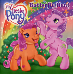 Size: 750x756 | Tagged: safe, artist:carlo loraso, serendipity, sparkleworks, butterfly, earth pony, pony, g3, official, bush, cute, duo, duo female, female, g3betes, heart, heart eyes, mare, my little pony logo, my little pony: butterfly hunt, open mouth, open smile, outdoors, raised hoof, rearing, smiling, starry eyes, text, wingding eyes