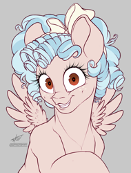 Size: 2219x2919 | Tagged: safe, artist:peepingtom, cozy glow, pegasus, pony, g4, bow, bust, curly hair, curly mane, eyelashes, female, filly, foal, gray background, hair bow, looking at you, portrait, simple background, smiling, solo, wide eyes