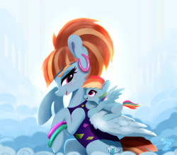 Size: 2376x2078 | Tagged: safe, artist:darksly, rainbow dash, windy whistles, pegasus, pony, g4, 80s, cloud, cloudsdale, duo, ear piercing, earring, female, filly, filly rainbow dash, foal, jewelry, mother and child, mother and daughter, piercing, younger