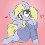 Size: 1900x1900 | Tagged: safe, artist:t72b, derpibooru exclusive, derpy hooves, pegasus, pony, g4, blushing, choker, clothes, cute, derpabetes, dress, female, gradient background, heart, mare, sitting, solo, spread wings, sweater, sweater dress, weapons-grade cute, wings