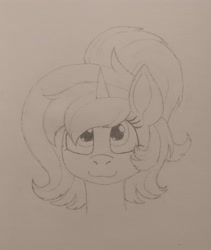 Size: 3060x3632 | Tagged: safe, artist:curly horse, oc, oc:red rocket, unicorn, :3, bust, cute, horn, ponytail, portrait, solo, traditional art