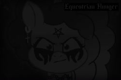 Size: 1091x720 | Tagged: safe, edit, edited screencap, screencap, misty brightdawn, pony, unicorn, g5, my little pony: tell your tale, swirlpool starlight, choker, corpse paint, dark, darkthrone, ear piercing, earring, evil grin, eyebrows, female, grayscale, grin, horn, jewelry, looking at you, makeup, mare, metalhead, monochrome, pentagram, piercing, satanism, smiling, solo, stare