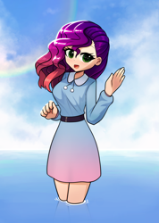 Size: 2508x3528 | Tagged: safe, alternate version, artist:howxu, misty brightdawn, human, g5, alternate hairstyle, belt, clothes, cloud, commission, cute, dress, humanized, light skin, mistybetes, open mouth, open smile, partially submerged, rainbow, rebirth misty, smiling, standing in water, sweet dreams fuel, water, waving