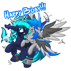 Size: 2048x2048 | Tagged: safe, artist:linkle, oc, oc:linkle riverward, oc:nirn, hybrid, pegabat, pegasus, pony, birthday, celtic, chest fluff, ear fluff, excited, fluffy, hair braid, happy, hat, multiple wings, party hat, riding, riding a pony, viking, wings
