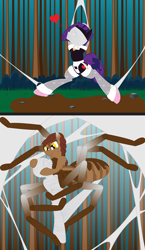 Size: 2550x4404 | Tagged: safe, artist:billy2345, oc, oc only, oc:caramel, oc:love band, arachnid, drider, earth pony, monster pony, original species, spiderpony, tarantula, semi-anthro, bondage, chest fluff, cocoon, comic, dirt, female, femdom, grass, heart, high res, hooves behind back, mare, mummification, silk, spider web, spread legs, spreading, wrapped up, wrapping