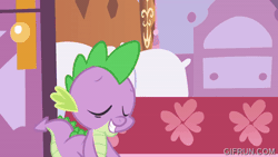 Size: 520x293 | Tagged: safe, screencap, spike, twilight sparkle, dragon, pony, unicorn, g4, green isn't your color, season 1, animated, biting, carousel boutique, duo, duo male and female, female, floating heart, gif, gifrun.com, heart, male, mare, tail, tail bite, unicorn twilight