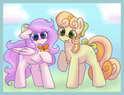 Size: 3000x2300 | Tagged: safe, artist:puppie, junebug, oc, oc:lilac breeze, butterfly, earth pony, pegasus, pony, adorabug, background pony, blushing, bow, cute, grass, hair bow, simple background, smiling, tail, tail bow, wingding eyes