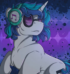 Size: 1280x1346 | Tagged: safe, artist:binibean, dj pon-3, vinyl scratch, pony, unicorn, g4, abstract background, circle, female, glasses, headphones, horn, looking up, mare, raised hoof, signature, solo, soundwave, teeth, turned head, vinyl's glasses, vinyl's headphones
