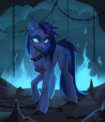 Size: 3000x3500 | Tagged: safe, artist:miurimau, oc, oc only, oc:lina, oc:lina firesoul, earth pony, pony, blue fire, cave, chains, choker, fire, glowing, glowing eyes, high res, looking at you, solo, spiked choker