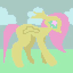 Size: 500x500 | Tagged: safe, artist:larvaecandy, fluttershy, pegasus, pony, g4, animated, cloud, colored, colored sclera, day, digital art, ear fluff, female, flat colors, floppy ears, folded wings, frame by frame, gif, grass, long mane, long tail, mare, missing cutie mark, no mouth, pink mane, pink tail, pixel animation, pixel art, profile, sky, small wings, solo, sparkly eyes, straight mane, straight tail, tail, teal eyes, teal sclera, walk cycle, walking, wingding eyes, wings, yellow coat