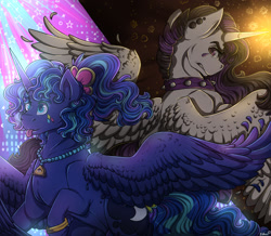 Size: 1280x1116 | Tagged: safe, artist:binibean, princess celestia, princess luna, alicorn, pony, between dark and dawn, g4, 80s princess luna, alternate hairstyle, choker, duo, duo female, female, glowing, glowing horn, horn, jewelry, looking back, mare, necklace, punklestia, royal sisters, siblings, sisters, spiked choker, spread wings, tongue out, wings