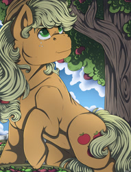 Size: 1280x1675 | Tagged: safe, artist:binibean, applejack, earth pony, pony, g4, apple, apple tree, female, looking up, mare, sitting, smiling, solo, tree