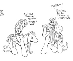 Size: 932x776 | Tagged: safe, artist:ayzewi, oc, oc only, human, pony, wolf, anthro, g1, dialogue, female, furry, humans riding ponies, riding, riding a pony, sketch