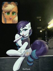 Size: 1000x1333 | Tagged: safe, artist:rieyadraws, applejack, coloratura, earth pony, pony, g4, bereal., clothes, crossed legs, drum set, drums, ear fluff, happy, hoof hold, looking at you, meme, microphone, musical instrument, ponified meme, screaming fan meme, sitting, smiling, smiling at you, stage