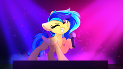 Size: 1280x720 | Tagged: safe, artist:lbrcloud, oc, oc only, oc:koa, pegasus, pony, female, grin, hoof hold, looking at you, mare, microphone, one eye closed, smiling, solo, stage light, wink, winking at you