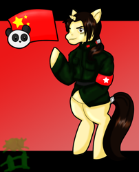 Size: 942x1163 | Tagged: safe, artist:mistyrainbowfleece, pony, unicorn, bipedal, china, clothes, hetalia, horn, male, nation ponies, ponified, solo, tail, tail wrap
