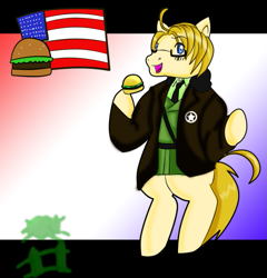 Size: 833x867 | Tagged: safe, artist:mistyrainbowfleece, earth pony, pony, bipedal, burger, clothes, food, glasses, hetalia, hoof hold, male, nation ponies, ponified, solo, united states