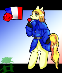 Size: 628x742 | Tagged: safe, artist:mistyrainbowfleece, earth pony, pony, bipedal, clothes, facial hair, flower, france, hetalia, hoof hold, male, nation ponies, ponified, solo