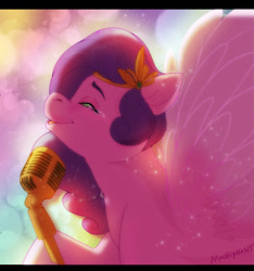Size: 1200x1280 | Tagged: safe, artist:mistyrainbowfleece, pipp petals, pegasus, pony, g5, my little pony: a new generation, adorapipp, crying, cute, female, glowin' up, headband, microphone, profile, singing, solo, spread wings, tears of joy, teary eyes, wings