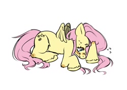 Size: 1058x750 | Tagged: safe, artist:wingedcass, fluttershy, pegasus, pony, g4, lying down, nervous, nervous sweat, simple background, solo, sweat, white background