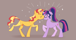 Size: 3000x1600 | Tagged: safe, artist:shanyata, sci-twi, sunset shimmer, twilight sparkle, pony, unicorn, g4, blush lines, blushing, brown background, concave belly, duo, duo female, eyes closed, female, floppy ears, forehead kiss, high res, horn, kissing, lesbian, mare, physique difference, ship:sci-twishimmer, ship:sunsetsparkle, shipping, simple background, slender, sparkles, standing on two hooves, stylized, thin, unicorn sci-twi
