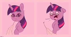 Size: 2480x1280 | Tagged: safe, artist:starburstuwu, twilight sparkle, pony, unicorn, g4, 2 panel comic, blushing, bust, comic, cute, female, floating heart, floppy ears, glasses, heart, horn, ink, mare, pink background, quill, simple background, solo, tongue out, twiabetes
