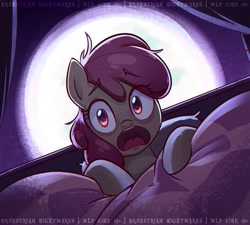 Size: 2500x2249 | Tagged: safe, artist:askometa, apple bloom, earth pony, pony, bed, blanket, bust, curtains, moon, night, open mouth, scared, screaming, solo, text, waking up