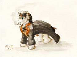 Size: 1047x784 | Tagged: safe, artist:scale, earth pony, pony, cigarette, clothes, corto maltese, ear piercing, earring, jewelry, male, piercing, ponified, sailor, solo, traditional art