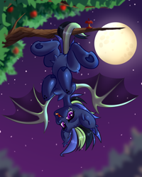 Size: 2000x2500 | Tagged: safe, artist:illkillux2, oc, oc only, bat pony, pegasus, apple, bat pony oc, bat wings, belly, commission, dark skin, food, hanging, hanging upside down, hooves, moon, night, night sky, open mouth, open smile, short hair, sky, smiling, solo, spread legs, spread wings, spreading, stomach, tree, upside down, wings, ych result