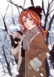 Size: 2000x2828 | Tagged: safe, artist:xieyanbbb, sunset shimmer, human, equestria girls, g4, clothes, coffee, female, humanized, jacket, scarf, snow, solo, tree, winter