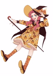 Size: 2000x2828 | Tagged: safe, artist:xieyanbbb, pinkie pie, human, cane, cape, clothes, dia de los muertos, dress, halloween, hat, holiday, humanized, jack-o-lantern, long socks, pumpkin, shoes, simple background, solo, white background, witch hat
