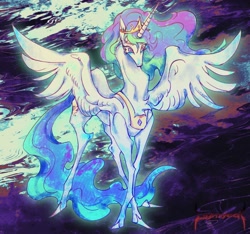 Size: 2376x2222 | Tagged: safe, artist:shiji029, princess celestia, alicorn, pony, g4, abstract background, female, lanky, mare, skinny, solo, spread wings, tall, thin, thin legs, wings