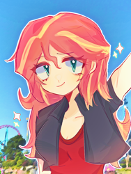 Size: 1080x1440 | Tagged: safe, artist:sanshuiyiwang, sunset shimmer, human, equestria girls, g4, amusement park, clothes, jacket, looking at you, solo, sparkles