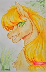 Size: 1366x2160 | Tagged: safe, artist:dementra369, applejack, earth pony, pony, g4, bust, chest fluff, grin, missing freckles, portrait, smiling, solo, traditional art, watercolor painting