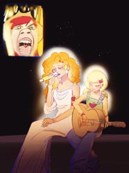 Size: 1802x2424 | Tagged: safe, artist:guagua723, applejack, bright mac, pear butter, human, clothes, denim, dress, eyes closed, guitar, humanized, jeans, meme, microphone, musical instrument, night, open mouth, pants, screaming, screaming fan meme, stars