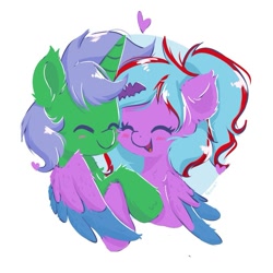 Size: 875x875 | Tagged: safe, artist:skylinepony_, oc, oc only, pegasus, pony, cute, duo, duo female, eyes closed, female, fluffy, heart, hug, pegasus oc, simple background, smiling