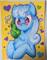Size: 2100x2680 | Tagged: safe, artist:floralshitpost, linky, shoeshine, oc, oc:anon, pony, blushing, chest fluff, copic, disembodied hand, fur, hand, heart, heart background, heart eyes, markers, simple background, traditional art, wingding eyes